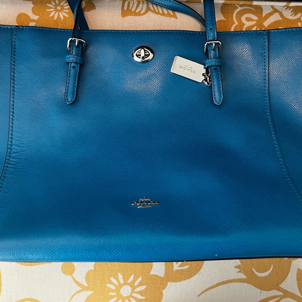 Blue COACH Turn Lock Tote, leather